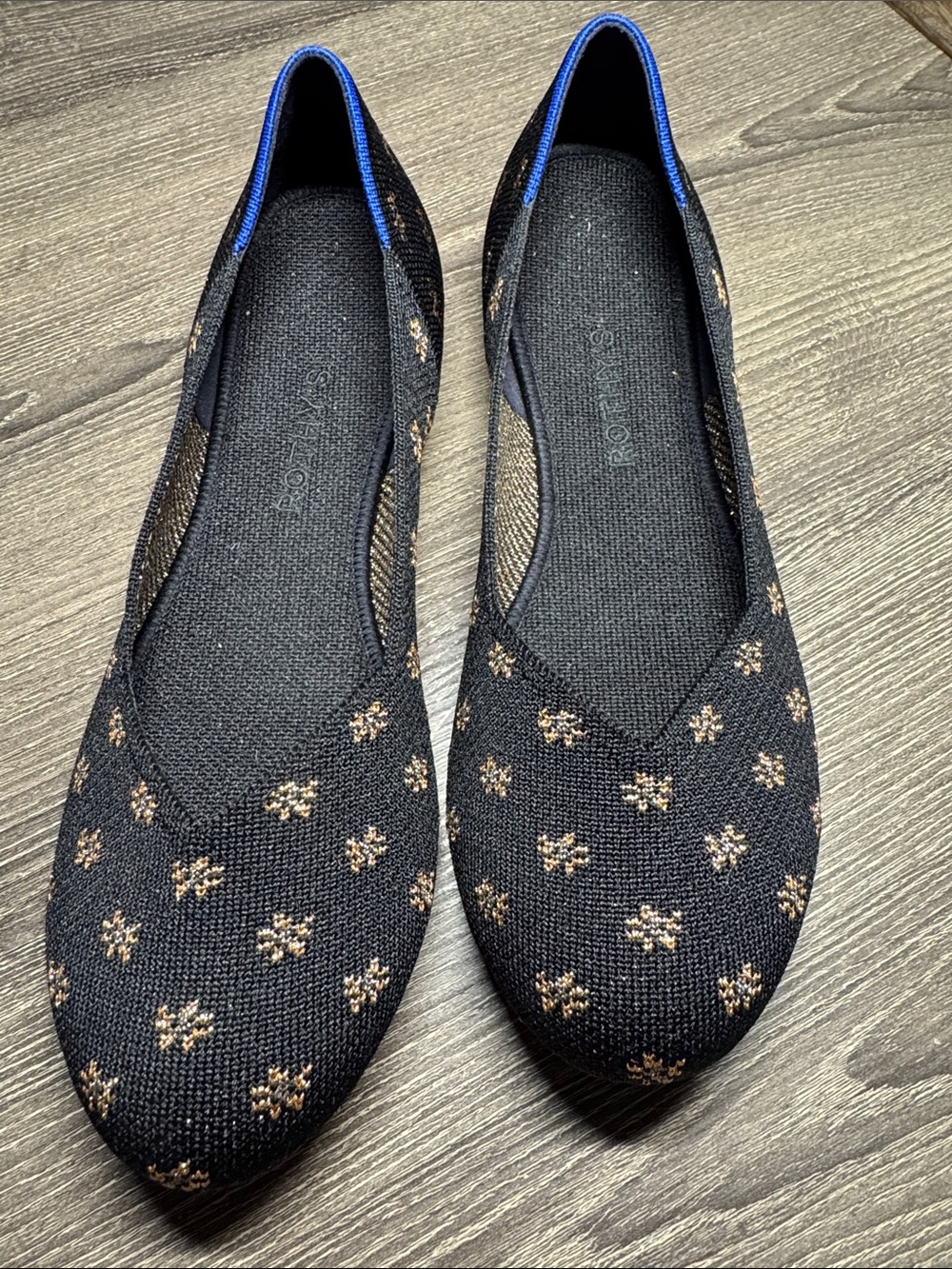 Rothy's Black Knit Ballet Flats with Gold Floral Dot Accents